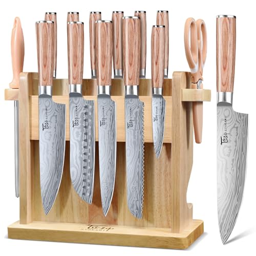 SYOKAMI Japanese Knives Set for Kitchen with Block, 14 PCS Magnetic Knife Set with Holder and Sharpener, Wooden handle, Stainless Steel Knife Set, Ideal as a Gift