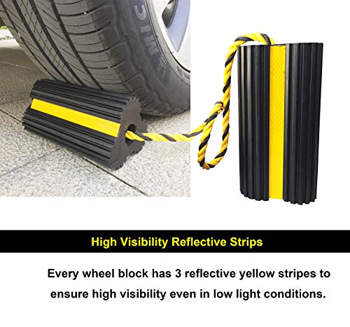 Hoxwell Heavy Duty Rubber Dual Wheel Chocks Front And Back, Rv Leveling Blocks Non Slip Base With Nylon Rope Yellow Reflective Tape For Travel Trailers, Car, Camper, Truck 1 Pair #TOP4