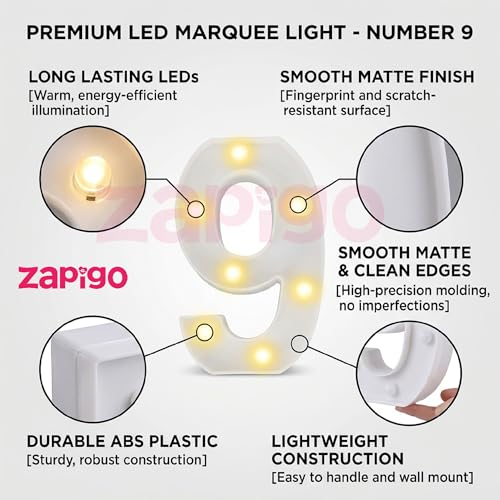 Image of Balloonistics LED Marquee Number 9 Light - 9-Inch Cordless Battery-Operated Light Up Number Sign for 9th Birthday, Anniversary, Wedding, Party Decoration, Photo Booth Backdrop, Cake Table Decor