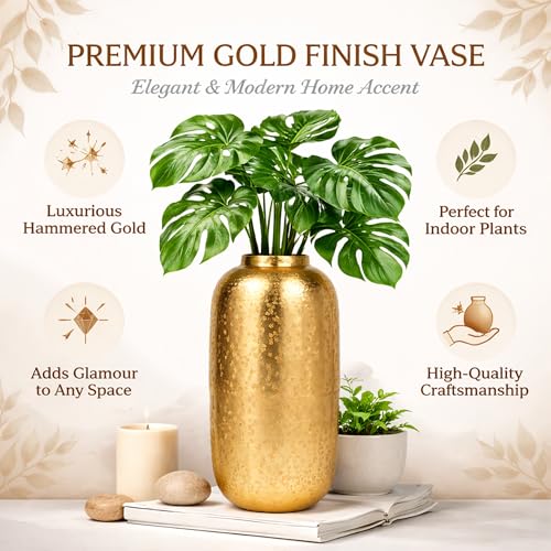 Image of INDIAN DECORMART Flower Vase | Flower Pots for Home Decor, Living Room, Bedroom, Office, Gifting, Colour Gold (IDM22240, 18x18x34 CM)