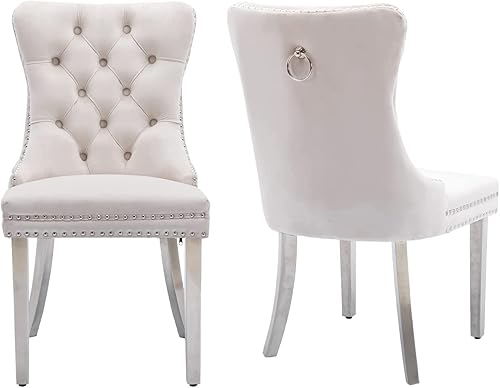 Miniatura 166 de Aoowow Juego de 2 sillas de comedor tapizadas de terciopelo, sillas laterales sin brazos con respaldo de ala, botones y patas de madera maciza para