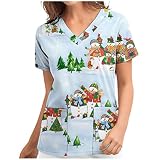 STPT Kasacks Damen Pflege mit Motiv Weihnachten T-Shirt Schlupfkasack mit Taschen Kurzarm V-Ausschnitt Schlupfhemd Bunt Berufskleidung Krankenpfleger Uniformen Nurse Kasack