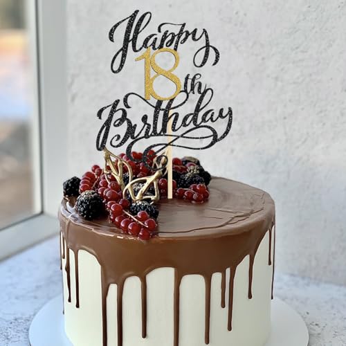 1 Pack Happy 18th Birthday Cake Topper Glitter Black Gold Birthday Cake Decoration 18 Fabulous Cake
