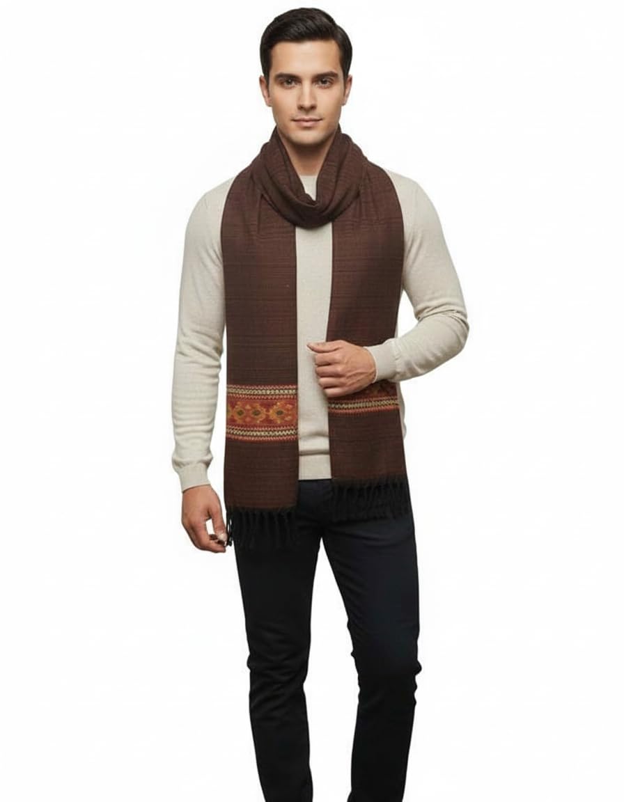 stone barrow Men's Winter Scarf, Brown Wool with Tribal Border Pattern, Long Warm Neck Wrap for Cold Weather-picture-10
