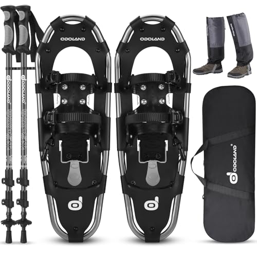 Odoland Raquetas de Nieve Juego 4 en 1 para Hombres y Mujeres, Raquetas Nieve Ajustables con Bastones de Trekking, Polainas de Pierna Impermeables y Bolsa de Transporte, Negro, M