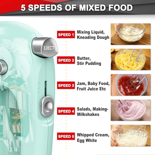 Image of Lord Eagle Hand Mixer Electric Handheld 400W, 5-Speed Lightweight Kitchen Mixer with Storage Case, 5 Stainless Steel Attachments for Baking Cake Egg Cream Food Beater, Turbo+Eject Button, Green
