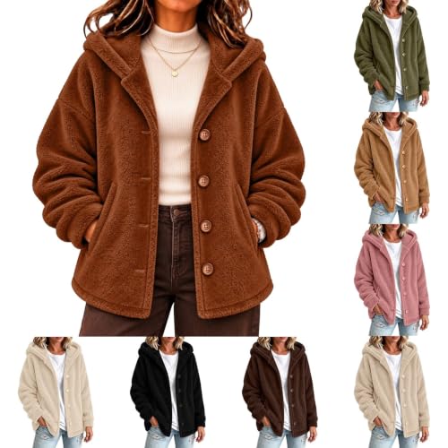 Sherpa Fleece Jacket Women Warm Cozy Button Up Hooded Teddy Coats Brown - image 1