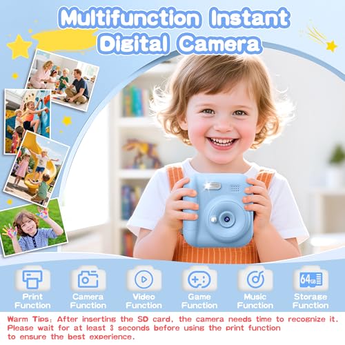 Image of Kids Instant Camera with 64GB SD Card, Portable Digital Camera Toy for Girls and Boys Ages 3-12, Toddler Christmas and Birthday Gift for 3 4 5 6 7 8 9 10 Year Old Kids (Blue)
