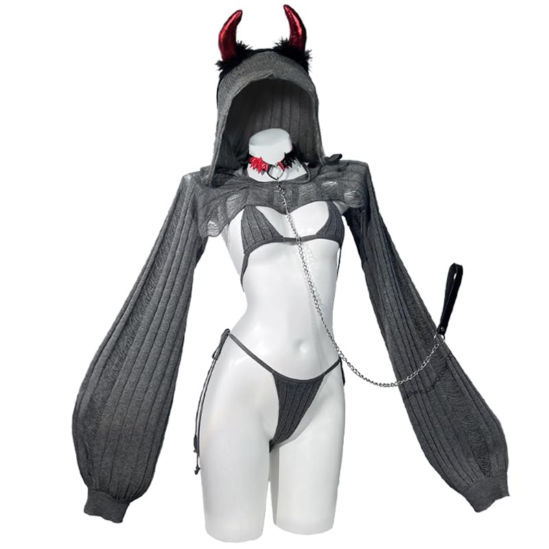 KORURACLUB Knitting Coziest Devil costume(7-Piece Set) Grey premium sweater cosplay lingerie for women cosplay costume: Grey
