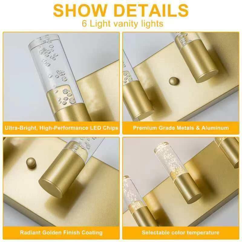 Image of Bathroom Vanity Light Fixtures Over Mirror, Brushed Golden Finish Coating, 6 Light Wall Sconces for Bathroom