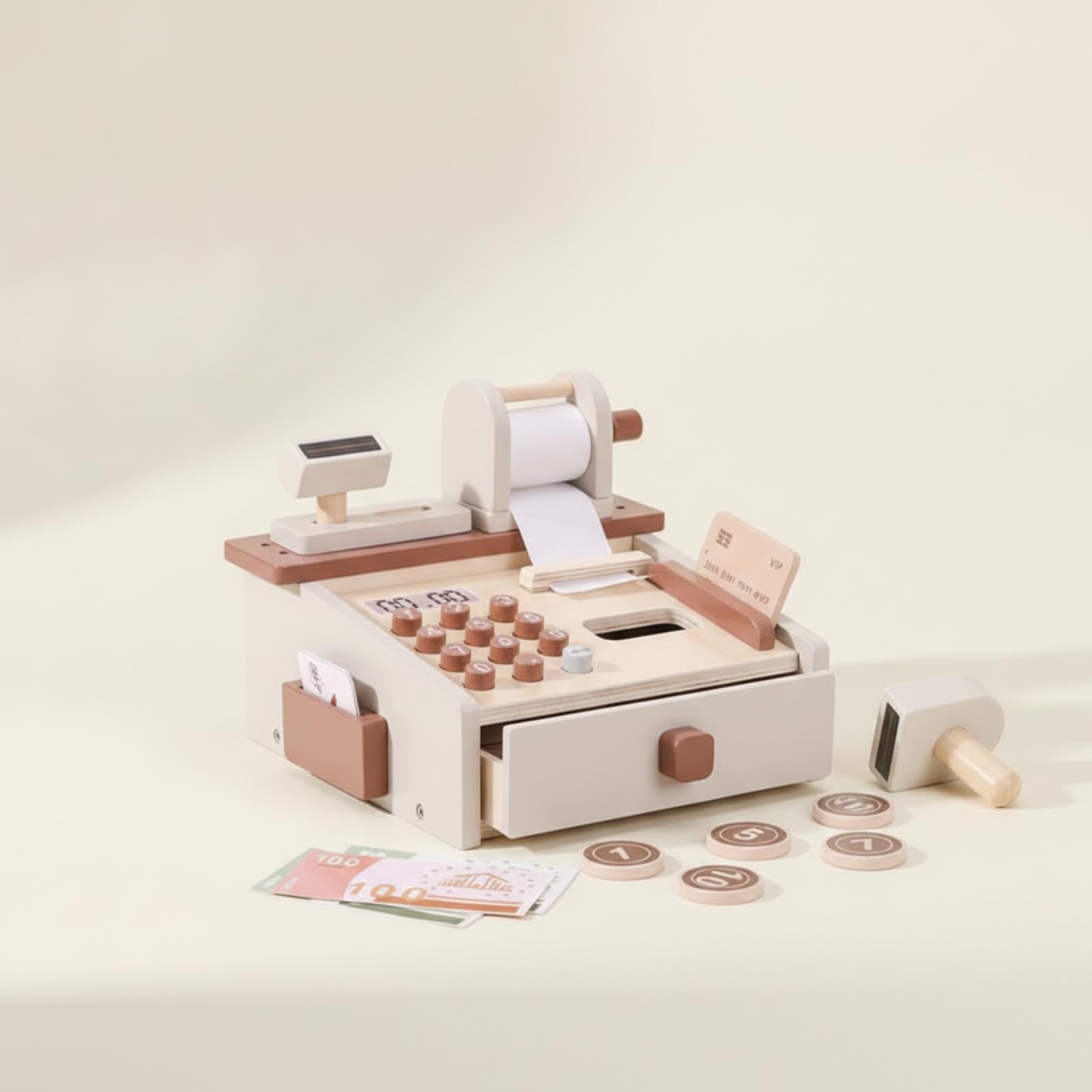Cassa Giocattolo Bambini Cassa Registratrice Gioco Registratore Finto Set Supermercato Educativo in Legno con Cassetto Tasti Display Rullo Scontrino