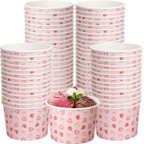 Image of Funnymoom 50 Pack Strawberry Ice Cream Cups 9 oz Bow Berry Sweet Disposable Dessert Bowls Pink Coquette Strawberry Paper Soup Bowls Snack Cups for Hot or Cold Food Baby Shower Wedding Birthday Party