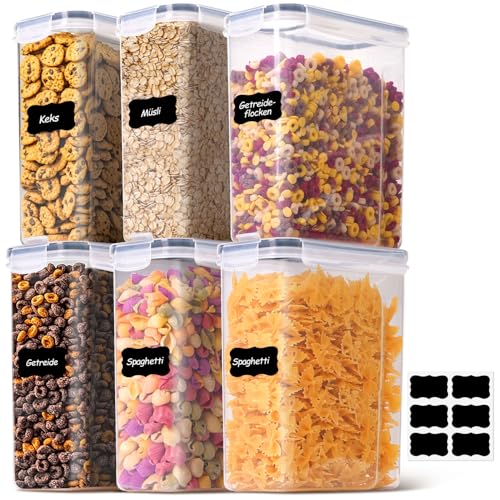ComSaf Vorratsdosen mit Deckel Luftdicht 2.5 L, 6er Müsli Aufbewahrung, Aufbewahrungsbox mit Deckel, Vorratsbehälter mit Etiketten, Küchen Organizer für Müsli, Cornflakes, Spaghetti, Reis Behälter