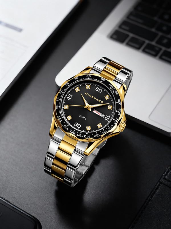 Image of Giordano Two-Tone Analog Watch for Men - Crystal Hour Markers, Textured Bezel Design, Day & Date Display, Stainless Steel Strap, Quartz Movement