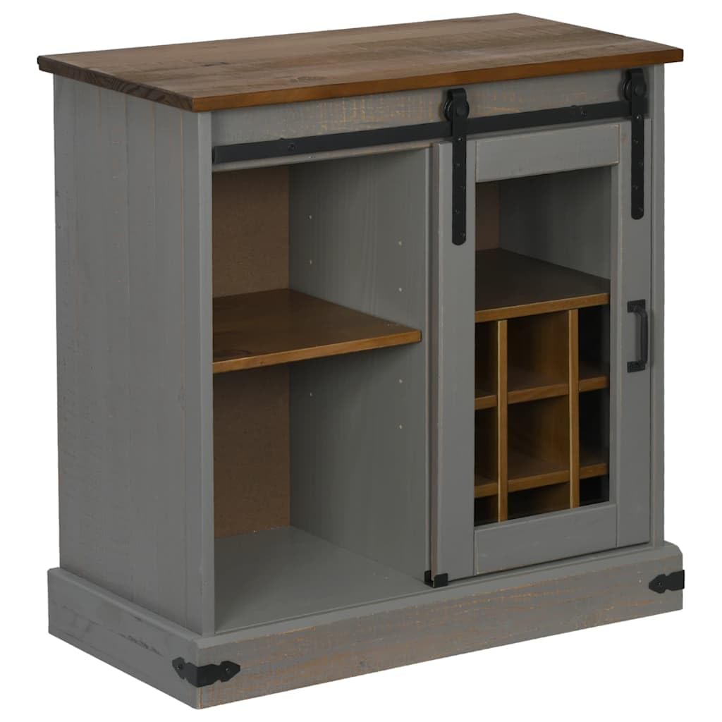 Credenza Halden in legno massello di pino grigio, 80 x 40 x 80 cm | Mobiletto compatto con anta scorrevole e 9 ripiani per vino in legno massello di pino per corridoio, cucina e soggiorno.