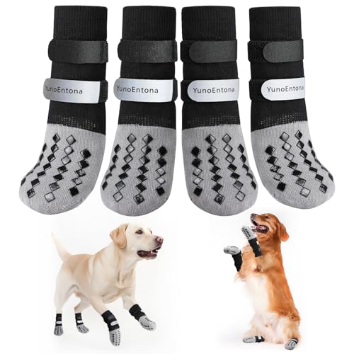 YunoEntona Non Slip Dog Socks to Prevent Licking Paws - for Hardwood Floors Anti Slip - Grippy Socks for Senior Dog - Double Elastic Reflective Straps Prevent Scratching for Hot Pavement. (Grey, M)