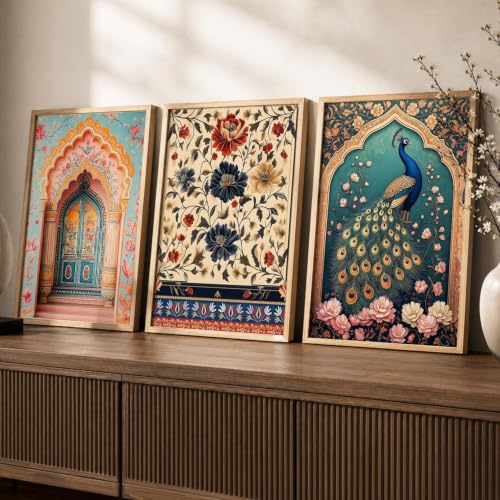 Image of kotart Wall Art Painting With Frame | Paintings Home Decoration For Living Room Bed Room Hotel Wall Decor Digital Reprint Indian Traditional Madhubani Set of 3 (19X25 inch)