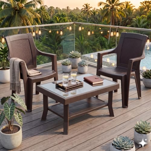 Image of Nilkamal Mystique Chair and Glass Top Coffee Table Set | 2 Chairs and 1 Table | Plastic Furniture Set for Indoor and Outdoor, Balcony, Garden, Patio & Living Room | Season Rust Brown and Weather Brown