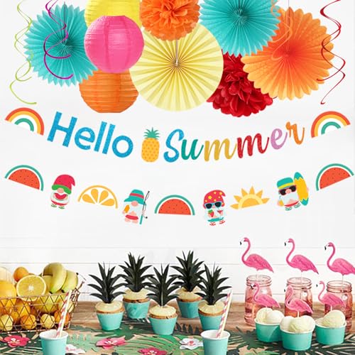 Image of Summer Luau Hawaiian-Beach Party-Decorations Supplies - 21pcs Hello Banner,Pool Paper Lanterns Honeycomb,Hanging Streamers Garland,Tissue Pom Poms Flowers Fans,Tropical Outdoor Theme Decor Burgleda