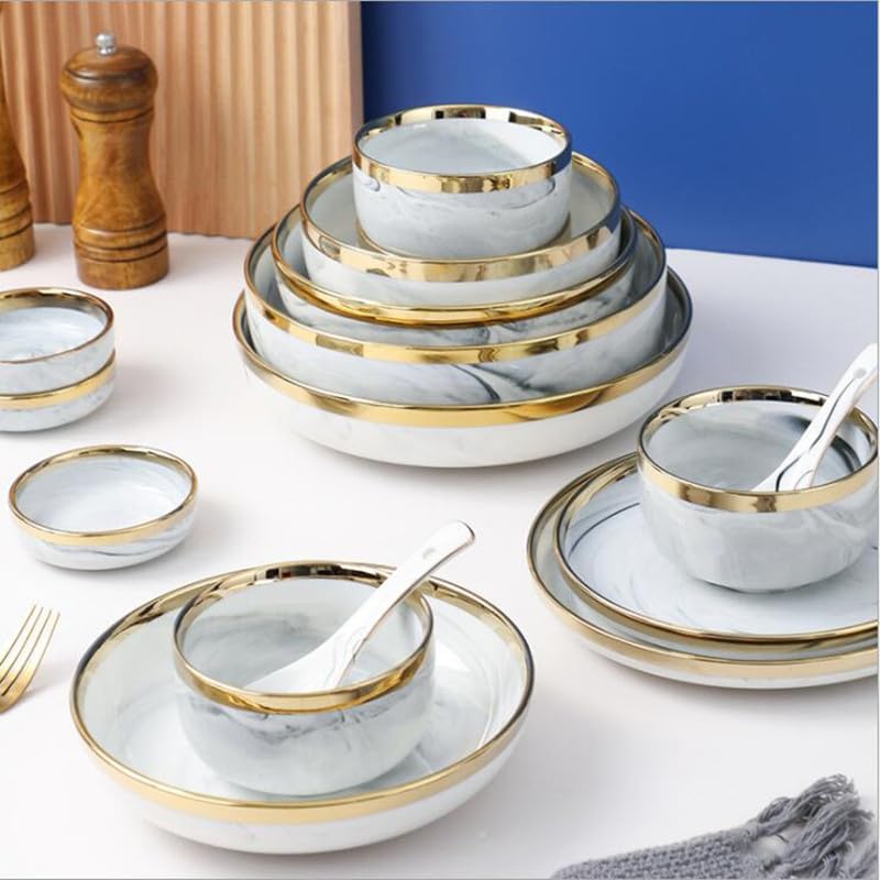 Vajilla de cerámica Bandeja de cena de porcelana con diseño de mármol gris con borde dorado de doble cara, platos de cocina, platos de comida de cerámica, tazón de fideos para ensalada de arroz ( Colo