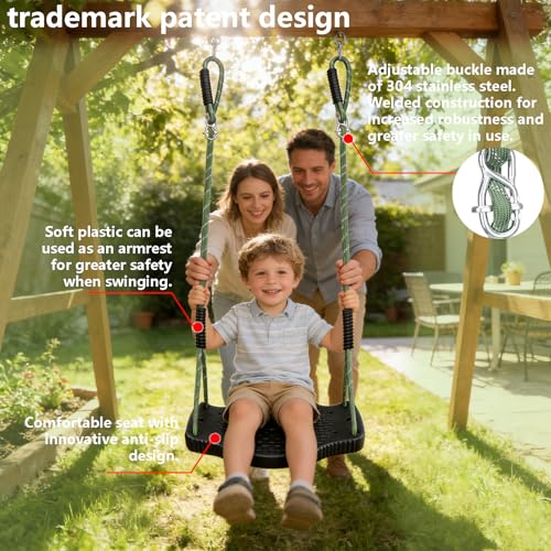 Image of Plastic Tree Swing for Kids, Heavy Duty Swing Seat with Adjustable Rope, Swing Set Accessories, Indoor Outdoor Backyard Playground, Black