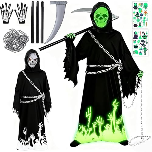Ligtmor Costume Halloween Bambini, Costume Mietitore Bambino Luminoso Costume da Tristo Mietitore con Falci, Catena, Falce,Spaventoso Costume Halloween per Ragazzi e Ragazze 4-12 Anni (L)