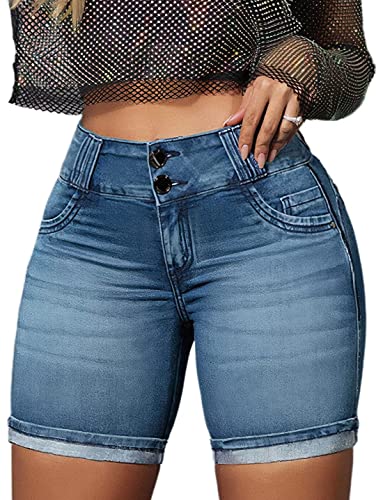 Flamingals Jean Shorts Womens High Waist Double Button Denim Bermuda Shorts Light Blue L #TOP3