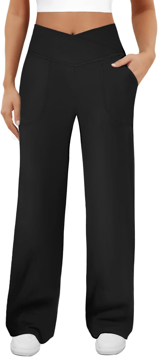DLOODA Womens Wide Leg Yoga Pants Crossover Work Dress Pants Lounge Sweatpants Casual Trousers with Pockets