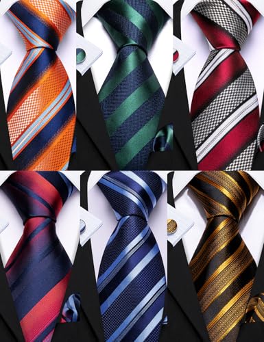 Image of Barry.Wang 6 PCS Men Ties Set Silk Business Fashion Woven Necktie Handkerchief Cufflinks Paisley Stripe Wedding Party