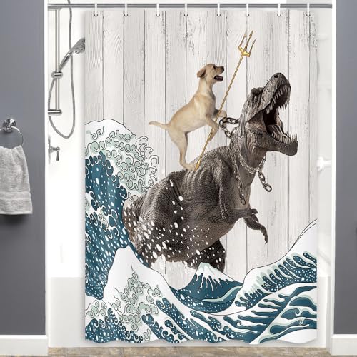 Image of Boziqr Funny Dog Shower Curtain, Japanese Ocean Wave Dinosaur Rustic Barn Door Decor Fabric Bathroom Curtains Set, Cute Animal Kids Polyester Fabric Waterproof, 47 X 64 Inches