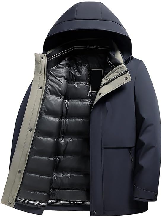 Mens Hooded Down Jacket Winter Business Casual Removable Liner Warm Thick Puffer Jackets Coat