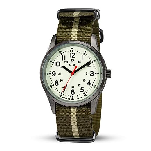Infantry MDC – Montre phosphorescente pour homme 12/24 heures, style militaire, sport de plein air, étanche, avec bracelet OTAN, noir/vert, Sangle