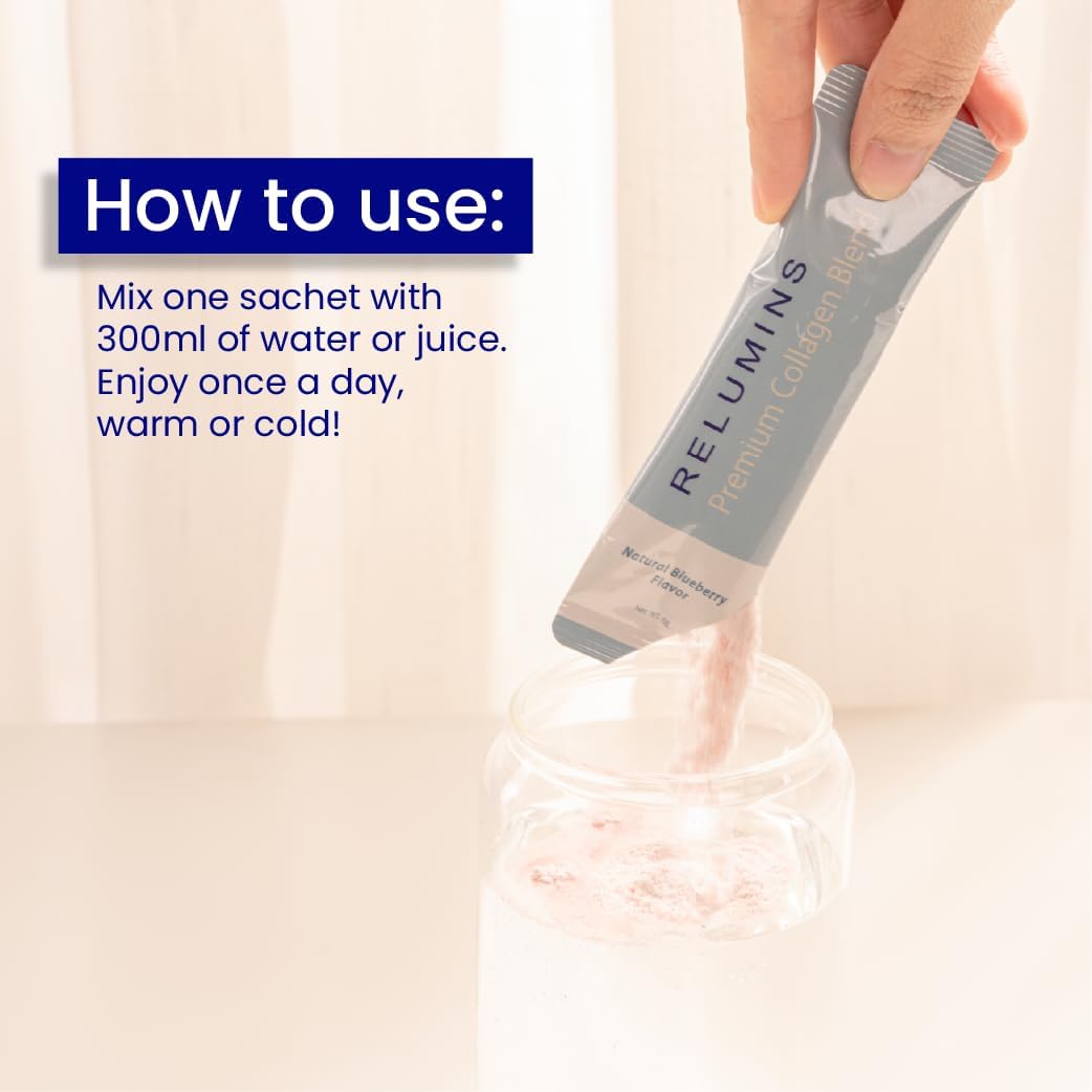 Relumins Marine Collagen Drink Mix 5000mg Type I, II, III Peptides with Glutathione, Green Tea, CoQ10 & Hyaluronic Acid for Smooth Glowing Skin - Blueberry Flavor - 20 Sachets + 2 Free - Image 6