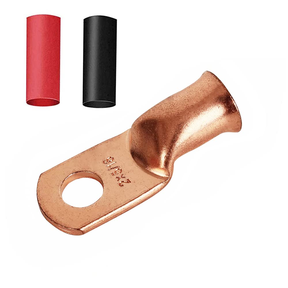 Heavy Duty 2x5/16 Copper Wire Lugs,12Pcs 2 AWG 5/16'' Stud Tubular Ring Terminals with 12Pcs Heat Shrink Tubing for Vehicle Boat Marine Audio