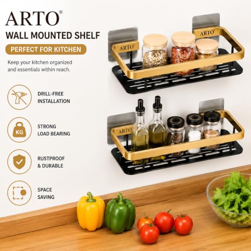 Image of Arto Wall Mounted Shelf | Self-Adhesive Aluminium Rack for Bathroom & Kitchen | Drill-Free, Rustproof, Heavy Duty Holder | 13x30x5.5 cm | Black /Gold (POF-2)
