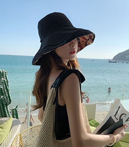 Huamulan Women Wide Brim Summer Sun Hat Wired Edge Floral Beach Bucket Hats Reversible Foldable Fishing Travel Uv Protection Lady Hat Windproof Chin Cord String #TOP3