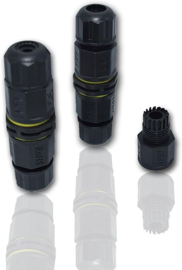 Waterproof Junction/Connector outdoor straight 2Pole /Way 2 Pin/3 Pin/4 Pin IP68/External Junction Box cable connector sleeve ∅4.5-9mm Black (2Pack of 3-Pin)