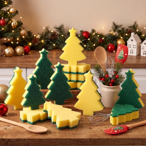 Image of Tioncy 12 Pack Christmas Tree Kitchen Sponges Bulk Green and Yellow