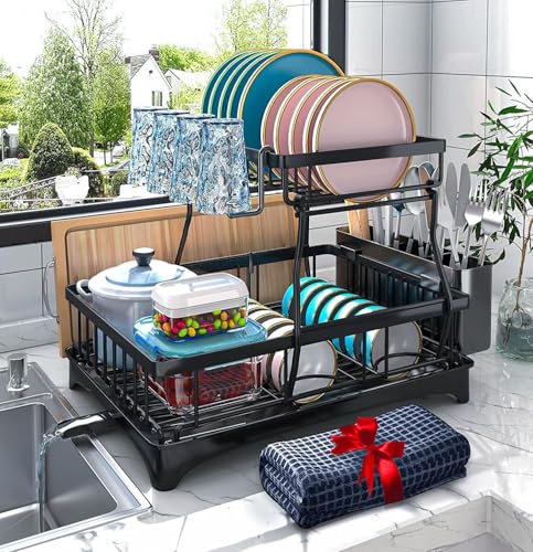 Image of ZENOVIA Dish Drying Rack 2-Tier with Drainboard & Drain Pipe | Rust Proof Carbon Steel Kitchen Organizer with Cup, Knife & Cutlery Holder | PP Tray | Snap On Assembly