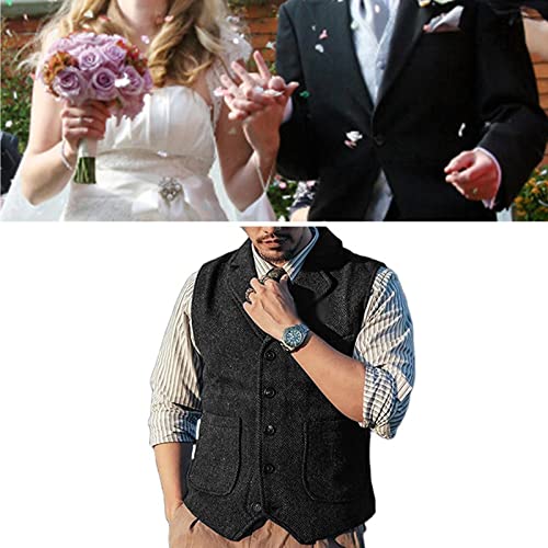 Male Lapel Tweed Suit Waistcoat, Vintage Men's Herringbone Suit Vest Tank Top with 3 Pockets for Jacket Tuxedo (Color : Black, Size : Medium)4