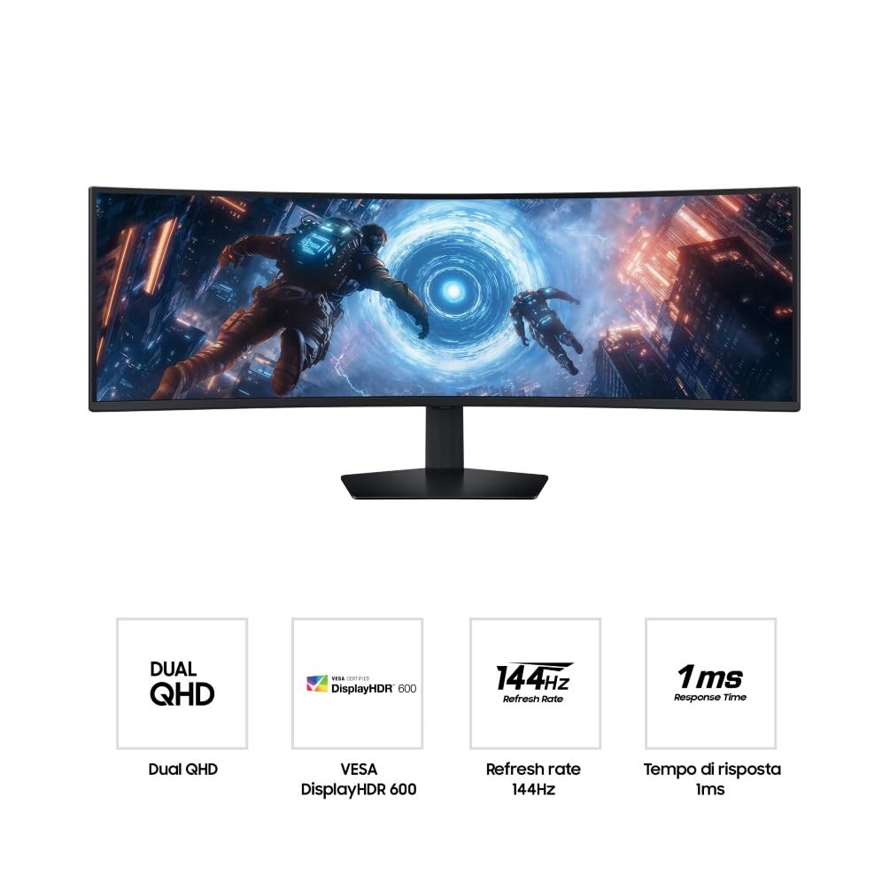 Samsung Monitor Gaming Odyssey G9 (S49FG912EU), Curvo (1000R), 49'', 5120x1440 (Dual QHD), 32:9, HDR 600, VA, 144Hz, 1ms (GtG), FreeSync Premium Pro, HDMI, DP, Ingresso Audio, HAS