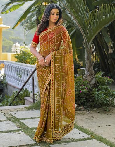 Image of SIRIL Women's Georgette Bandhani Printed Saree with Unstitched Blouse Piece