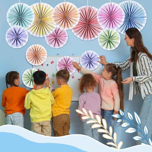 Image of 18 Pcs Colorful Hanging Paper Fans Decor Back to School Paper Fans Round Garlands Bulletin Board Classroom Decorations for Party Supplies Classroom Decor