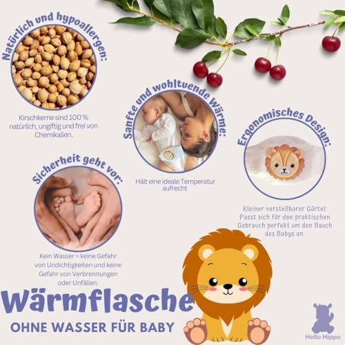 Hello Hippo – Baby Wärmegürtel aus Kirschkernen – Kirschkernkissen für Babys & Neugeborene – Gegen Koliken & Bauchschmerzen – Mikrowelle oder Ofen, Hipoallergen & Waschbar (Löwe)