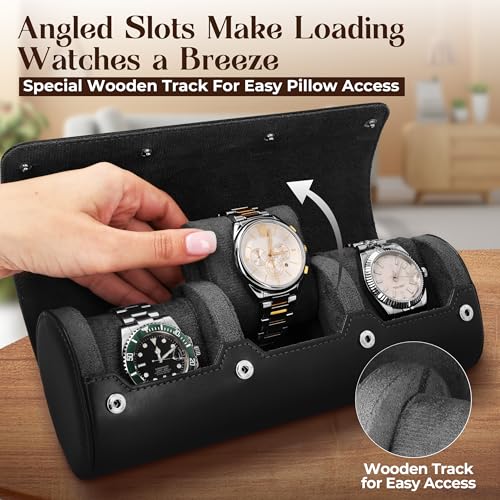 Image of Luxury Father's Gift, Travel Watch Case 3 Slots, Bonus Pouch Included, Portable Organizer, PU Leather Watch Roll, Home Storage, Angled Easy-Removal Cushions, Scratch-Resistant Padded Velvet Lining