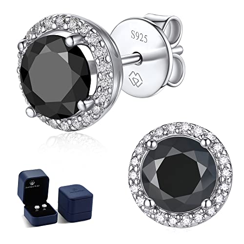 MomentWish Black Moissanite Stud Earrings, Moissanite Earrings for Women Men, D Color VVS1 Simulated Diamond 925 Sterling Silver Solitaire/Halo Studs 2 Carat-(1ct*2)-6.5mm 11 Halo-Silver