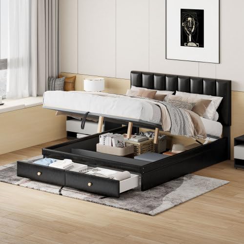 Queen-Size-Upholstered-Bed-with-Hydraulic-Storage-System-and-Drawer-Black Queen Size Upholstered Bed with Hydraulic Storage System and Drawer Black