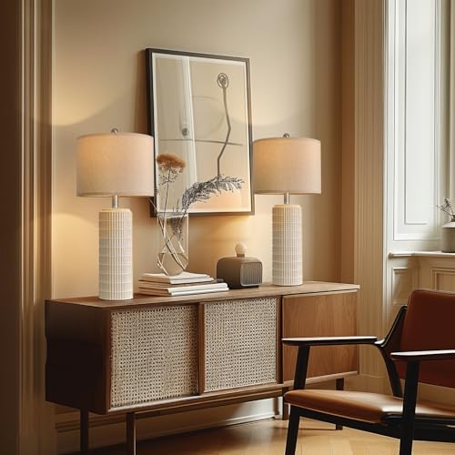 Image of PoKat 27.5'' Tall Table Lamps for Living Room Set of 2, Ceramic Bedroom Lamps for Night Stands, Modern Bedside Lamps for Bedroom Living Room, Nightstand Lamps for End Table, Hallway, Gold and White