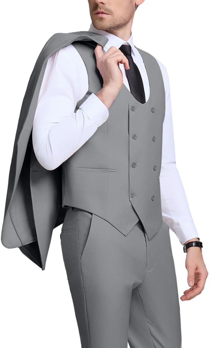 Mens 3 Piece Slim Fit Suit Set, Double Breasted Blazer Vest Pants Business Tuxedo Dress - Image 3