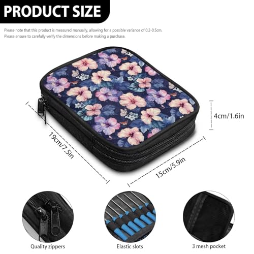 Image of Purple Hibiscus Crochet Hook Case Crochet Hook Holder Portable Storage Bag with Web Pockets Suitable for Needles /Knitting Accessories